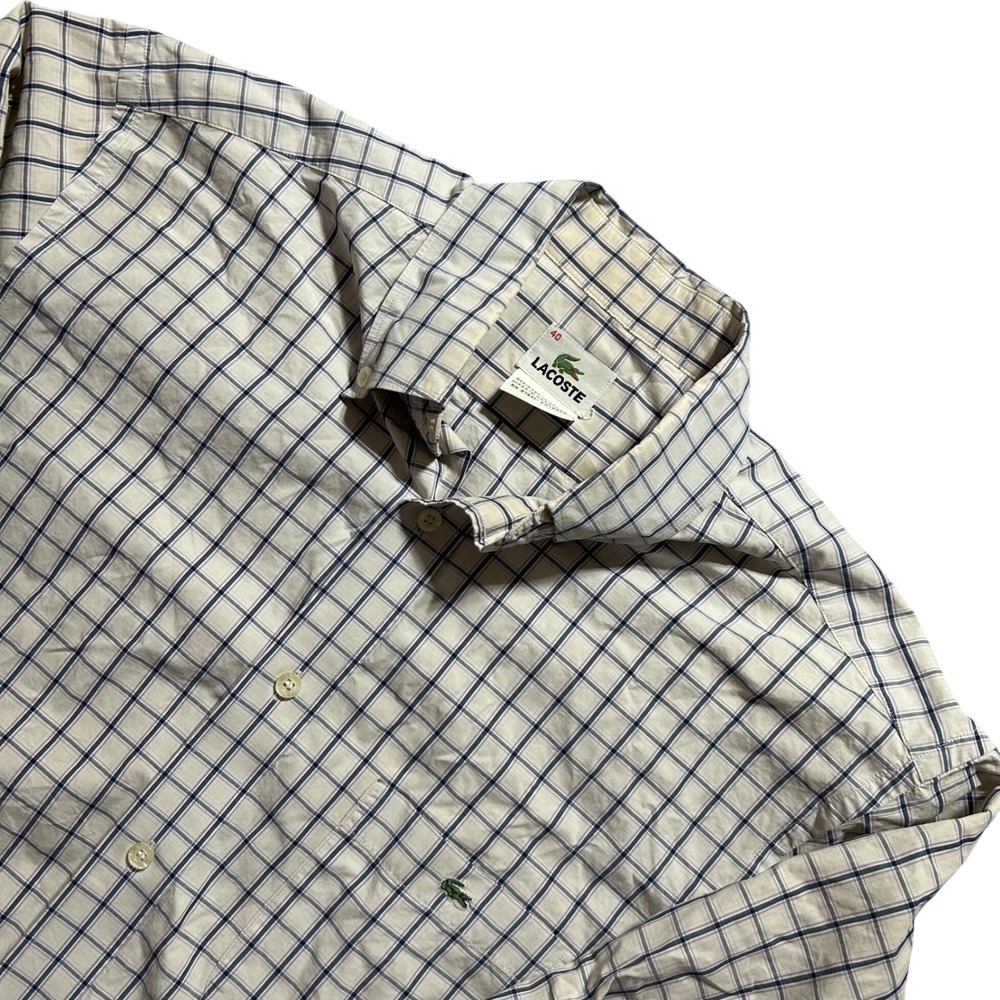 VTG Lacoste Button Down Shirt Mens 40 Cream Navy Plaid Check Long Sleeve Cotton